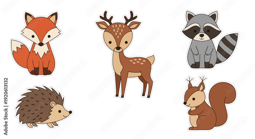 Fototapeta premium Cartoon forest animals illustration fox deer raccoon hedgehog squirrel