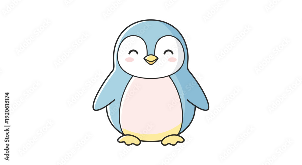 Fototapeta premium Cartoon penguin illustration in blue and pink with happy expression