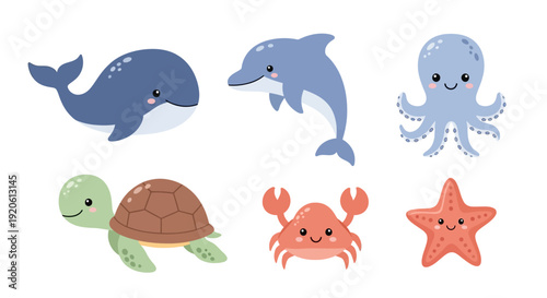 Cartoon sea creatures whale dolphin octopus turtle crab starfish set isolated