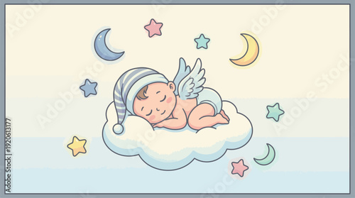 A cute baby angel with wings sleeps peacefully on a fluffy cloud surrounded by stars and crescent moons.