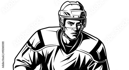 Hockey player illustration in black and white against isolated background