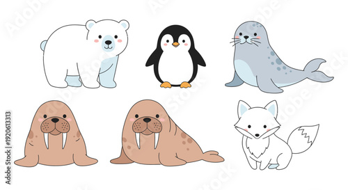Cartoon arctic animals illustration polar bear penguin seal walrus fox