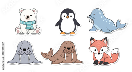 Cartoon arctic animals illustration set isolated on white background
