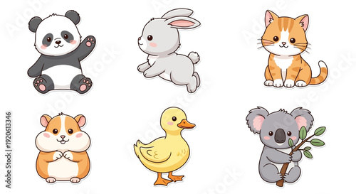 Cartoon animals collection panda rabbit cat hamster duck koala on white