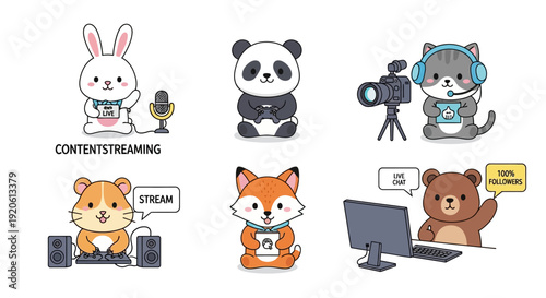 Cartoon animals streaming and engaging in online communication activities