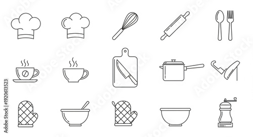 Collection of kitchen utensil icons in a simple line drawing style.