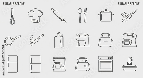 Collection of kitchen utensil and appliance line art icons.