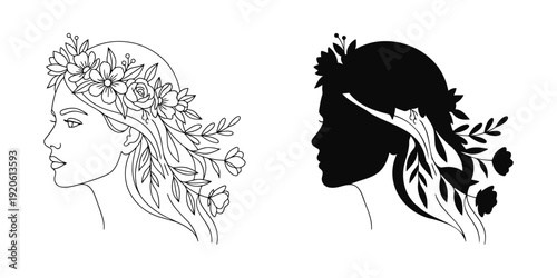 Minimalist Woman Profile with Elegant Floral Flower Crown