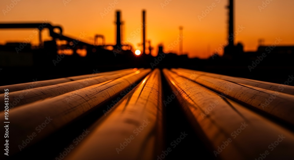 Fototapeta premium Sunset illuminates parallel metal pipes leading to a distant industrial complex silhouette