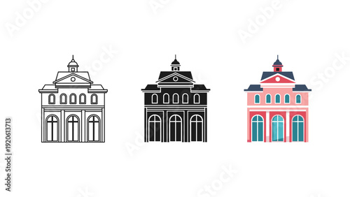 Three vintage architectural building facades illustration, classic design vector set, colorful historical landmarks, urban cityscape elements