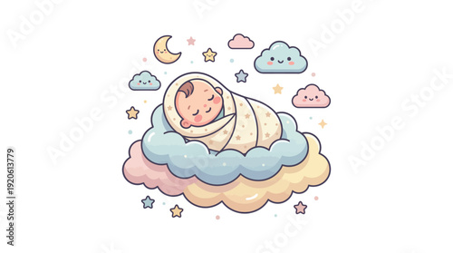 A cute baby peacefully sleeping wrapped in a blanket on a soft, colorful cloud surrounded by stars and a crescent moon.