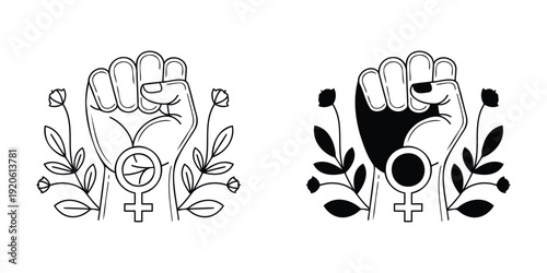 Empowering Feminist Power Raised Fist Icons With Flowers
