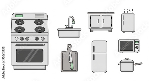 Collection of kitchen appliances and utensils illustration.