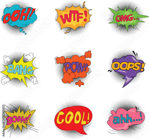 Collection of bright comic-style speech bubbles with halftone shadow effects and hand-drawn outlines featuring popular expressions like “Ooh!”, “WTF!”, “OMG!”, “Bang”, “Pow!”, “Oops!”, “Boom!”, “Cool!