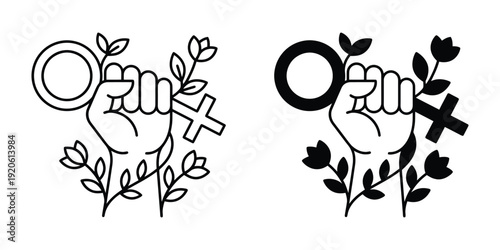Minimalist Feminist Hand Holding Female Symbol With Flowers