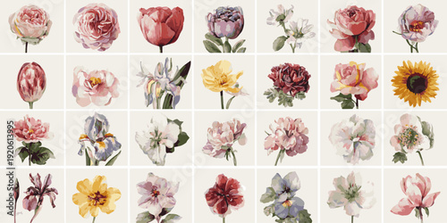A vibrant collection of delicate watercolor wildflowers and botanical elements, showcasing a variety of colors and textures, isolated on a transparent background.