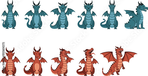 Cartoon dragon character front side and walking poses fantasy creature set flat color vector illustration collection.