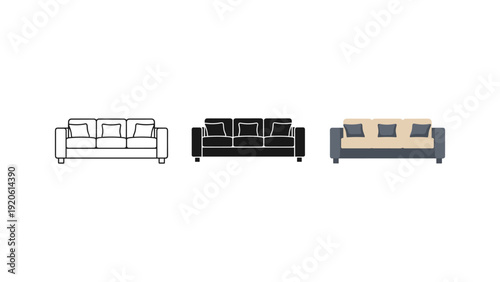 Modern living room furniture set with sectional sofas and modular design in black and gray tones vector illustration