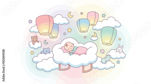 A peaceful baby sleeps soundly in a cloud-shaped cradle surrounded by floating lanterns and cute stuffed animals.