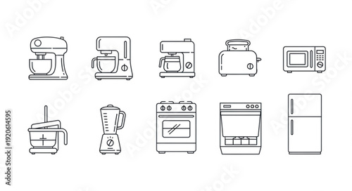 Collection of kitchen appliance icons in a simple line art style.