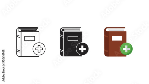 Three modern medical first aid kits in white black and red with plus symbols for healthcare emergency and safety