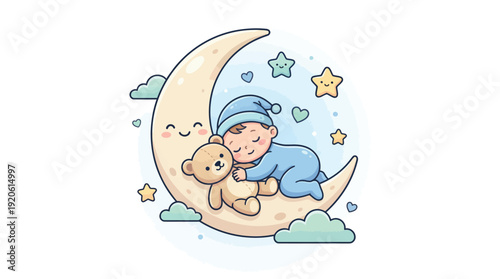 Adorable baby sleeping peacefully on a crescent moon with a teddy bear, surrounded by stars and clouds.