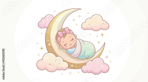 A cute baby girl peacefully sleeping on a crescent moon surrounded by soft clouds and twinkling stars.