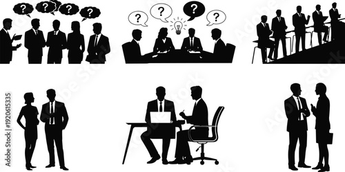 Business people silhouettes set, corporate team meeting discussion brainstorming communication office workers black vector illustration isolated on white background