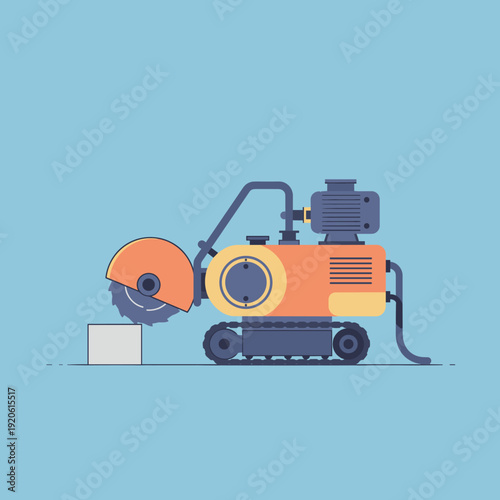 A compact, tracked concrete saw with a circular blade is positioned to cut a small concrete block.