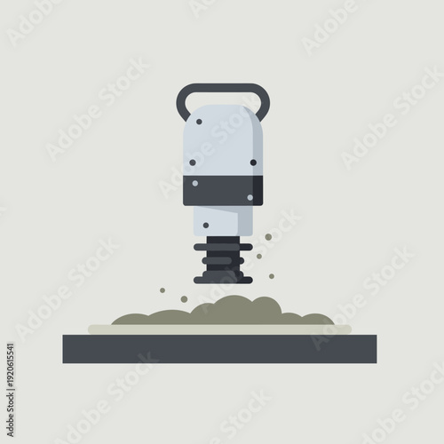 A flat design illustration of a tamping rammer compacting soil on a construction site.