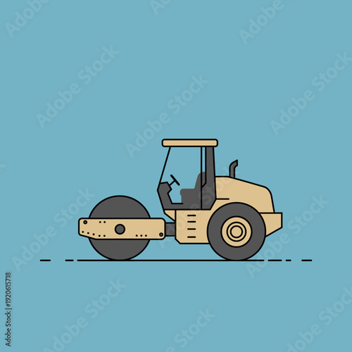 Cartoon illustration of a beige road roller with a large front drum on a light blue background.