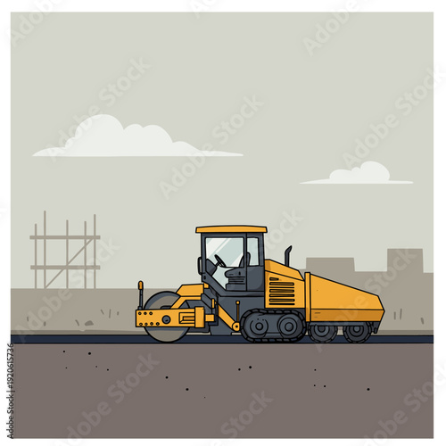 A yellow road roller compacting asphalt on a construction site with scaffolding in the background.