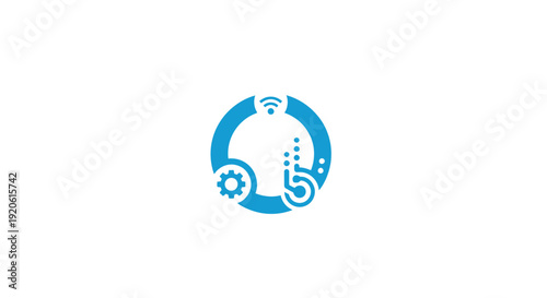 Simple blue logo with robotic elements and gear.