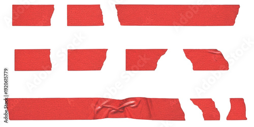 Various pieces of red tape with torn edges arranged in three rows on a white background
