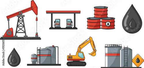 Oil industry and petroleum production icon set with pumpjack refinery barrels fuel station flat vector illustration collection.