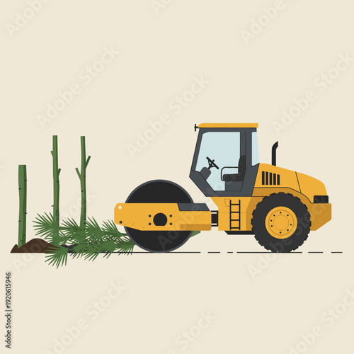 A yellow road roller flattens green plants and bushes, clearing land for construction or development.