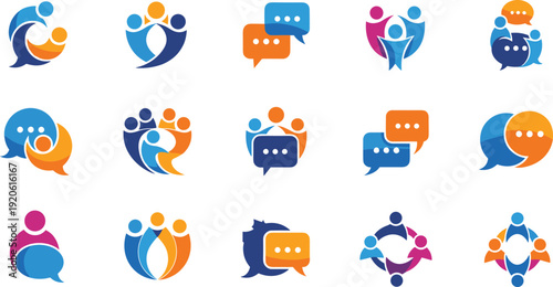 Social communication people chat bubble logo icon set with teamwork community discussion flat vector collection for business network design.