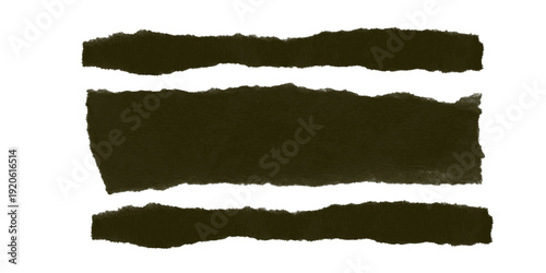 Three Dark Olive Green Torn Paper Strips with Rough Edges Isolated on a Black Background