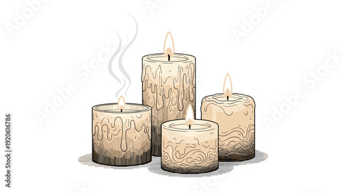Group of partially melted decorative candles with intricate swirled patterns and wisps of smoke creates a calm and moody atmosphere.