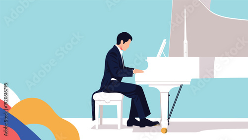 Talented male pianist in a formal tuxedo playing a majestic white grand piano against a colorful abstract artistic background.