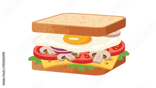 Tall gourmet sandwich layered with a fried egg, tomatoes, mushrooms, red onion, cheese, and fresh lettuce on whole wheat bread.