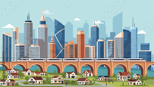 Modern city skyline viewed from a bridge with a high speed train passing over a river and green residential areas.