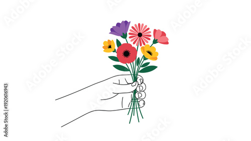 Hand gently holding a colorful bouquet of spring flowers including poppies and daisies against a clean white background.