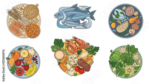 Variety of healthy food plates including fish, shrimp, vegetables, and fruits promoting a balanced and nutritious diet.