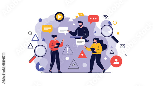 Team of young professionals collaborating on a creative project surrounded by social media and marketing technology icons.