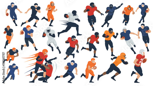 Large collection of silhouettes showing American football players in various action poses like running, passing, and tackling.