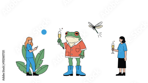 Surreal illustration of a large frog in a vacation shirt sharing drinks with two women in a whimsical party scene.