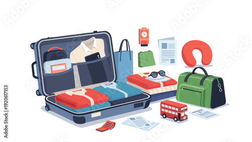 Open travel suitcase meticulously packed with clothes, gadgets, and accessories for a vacation trip to London.