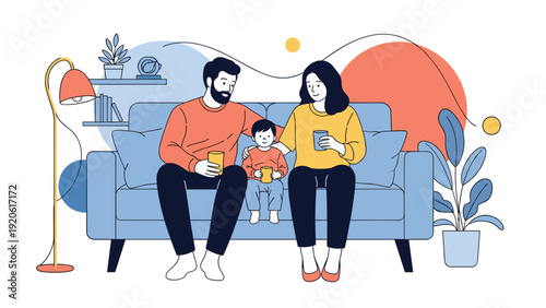 Happy family sitting together on a blue sofa drinking from mugs and enjoying quality time in their cozy living room.