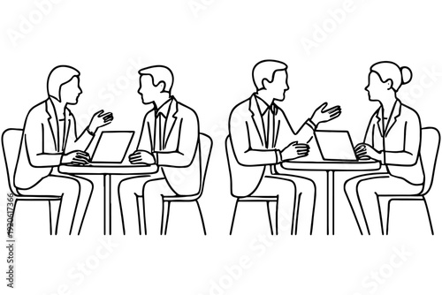 business people in office,
Digital Nomads Working on Laptops in Cafe Line Art Design